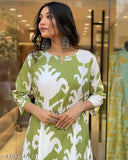 Green cotton printed night suit top & pyjama coord set for women, three-quarter sleeves, comfortable casual wear, Indian origin