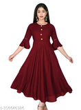 Rayon flared kurtis, maroon color, three-quarter sleeves, solid pattern - Indian ethnic women's fashion
