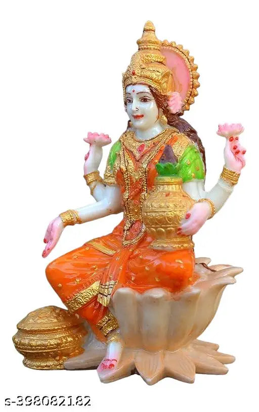 Multicolor marble Ganesh-Lakshmi idol, 7-inch tall home decor statue on display