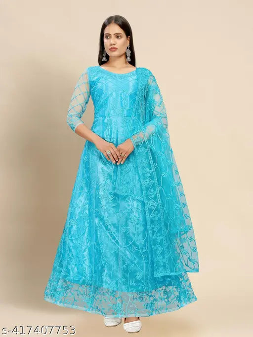 Sky net semi-stitched gown, embroidered with chain stitch, comes with inner and dupatta, 57 inch length, 3/4 sleeves, India origin