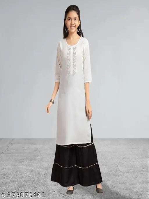 White cotton round kurtis for kids with embroidered motifs, suitable for 9-10, 10-11, 14-15, 15-16 years
