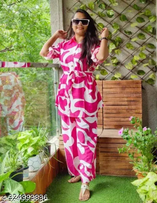 Pink cotton printed net Dorimon cord set for women, short sleeve style with two sizes available: M (38in bust, 37in length, 32in waist), L (40in bust, 37in length, 34in waist), XL (42in bust, 37in length, 36in waist)