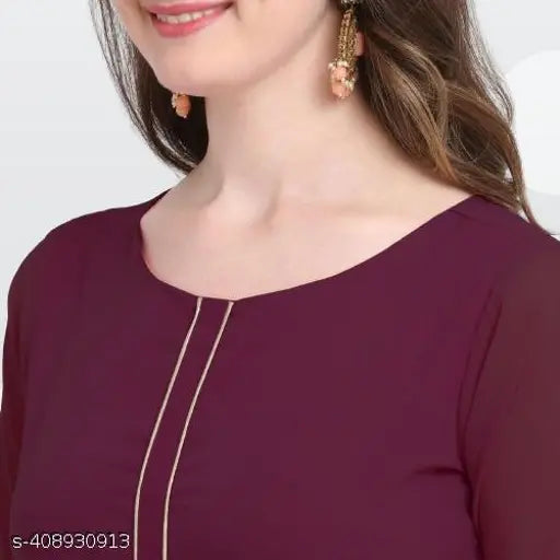 Purple plus women's American crepe Kurta Dupatta Set, full sleeve solid pattern, round neck, XS-5XL sizes available