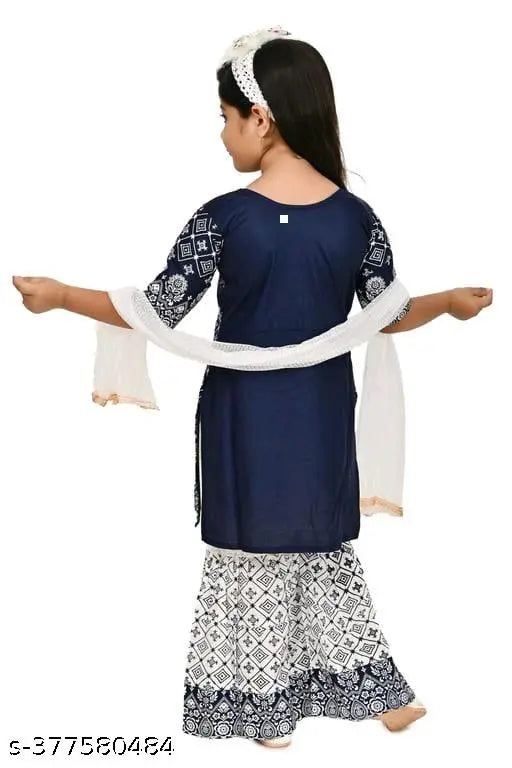 Navy Blue Rayon Girls Party Kurta & Sahrara Set, three-quarter sleeves, printed top and bottom, great for parties in India