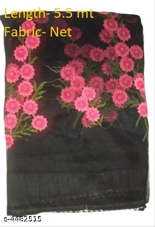 Net black embroidered saree with separate blouse, intricate Indian embroidery on net fabric