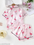 Pink flamingo print nightdress set for women, light & soft poly silk fabric, perfect for summer evenings (pack of 1)