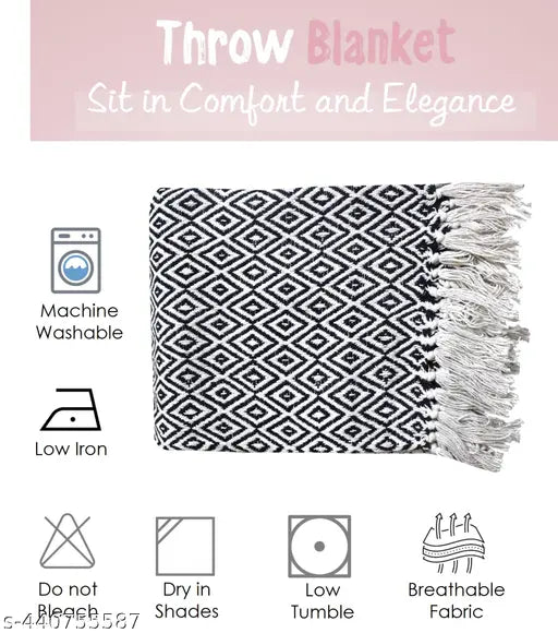Black & White Cotton Argyle Throw, geometric pattern, fringes, all-season use, 60x50 inches