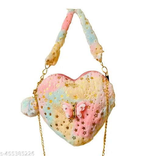 Multicolor fur mini size heart-shaped baby sling bag for kids, featuring detachable golden chain and one compartment