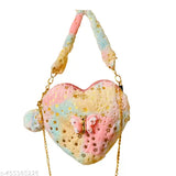 Multicolor fur mini size heart-shaped baby sling bag for kids, featuring detachable golden chain and one compartment
