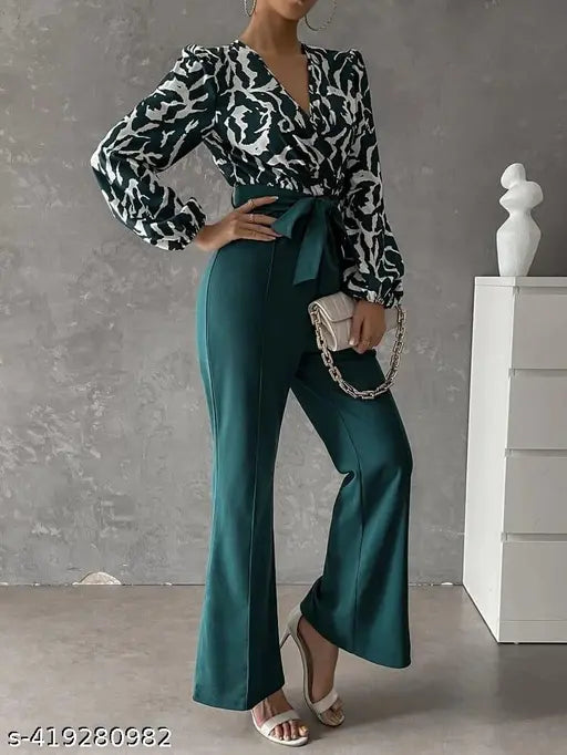 Trendy retro women's jumpsuit, printed net lycra with long sleeves, size M, on mannequin