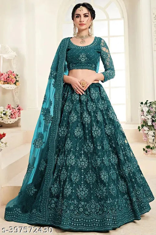 Embroidered stylish trending net lehenga, choli and dupatta set featuring intricate embroidery patterns - free size, India origin