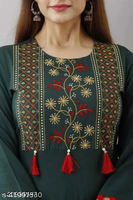 Stylish Rayon party gown with three-quarter sleeves, embroidered pattern, and tassel embellishment. Available in sizes M (38B-50), L (40B-50), XXL (44B-50). Indian ethnic-casual design