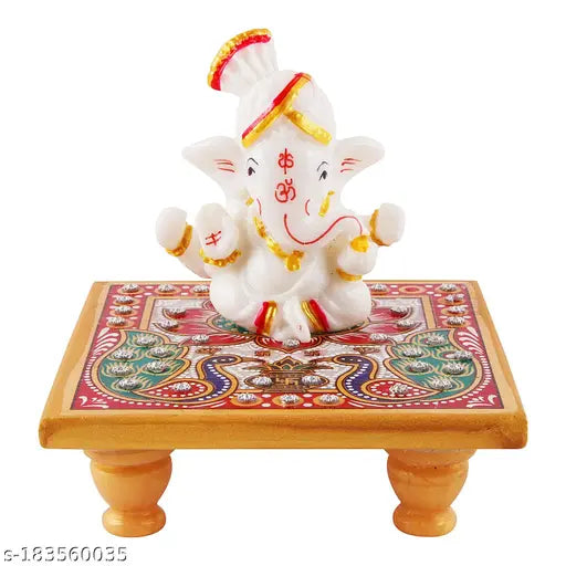 Marble & Polyresin Ganesh Idol with Marble Chowki - Exquisite spiritual addition for home decor, offices, and pooja mandirs; ideal for gifting on Diwali, birthdays, and festivals