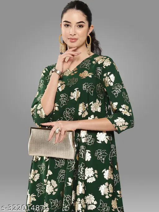 Bottle Green Crepe Foil Printed Short Kurta with Palazzo by Janasya - Indian women's fashion, A-line silhouette, V-neck, 3/4 sleeves
