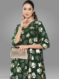 Bottle Green Crepe Foil Printed Short Kurta with Palazzo by Janasya - Indian women's fashion, A-line silhouette, V-neck, 3/4 sleeves