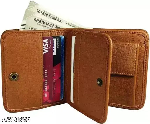 Tan faux leather men's wallet, regular size (5 card slots), durable texture, bi-fold design with 3 card slots, 2 hidden pockets, 2 cash compartments, 2 ID windows, and 1 coin pocket