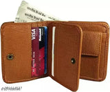 Tan faux leather men's wallet, regular size (5 card slots), durable texture, bi-fold design with 3 card slots, 2 hidden pockets, 2 cash compartments, 2 ID windows, and 1 coin pocket