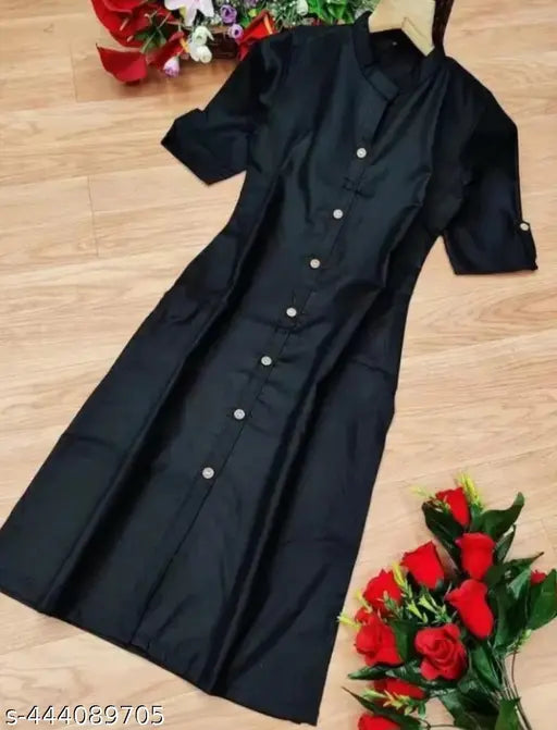 Black rayon Kurti with pocket, traditional Indian women's fashion with three-quarter sleeves and solid design, available in various sizes S-XXL