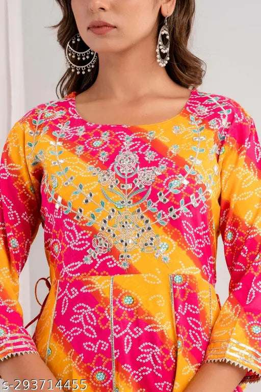 Rayon anarkali kurta with handloom printed motifs, three-quarter sleeves for women, Indian ethnic wear in 4XL and 5XL sizes