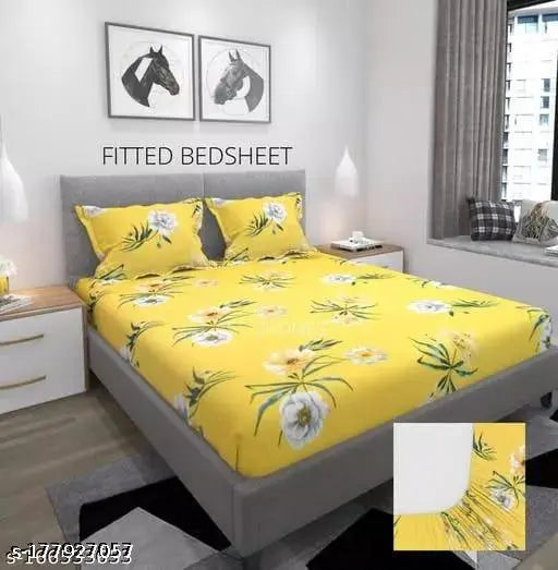 Yellow HOMICON Premium Cotton Elastic Fitted Bedsheets with 2 Pillow Covers - Double Bed, 78x72" for 78x7210 Mattress