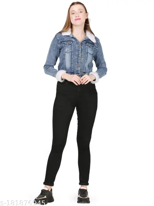 Blue denim fur jacket, SUBH Women's three-quarter sleeve, solid design, India-made