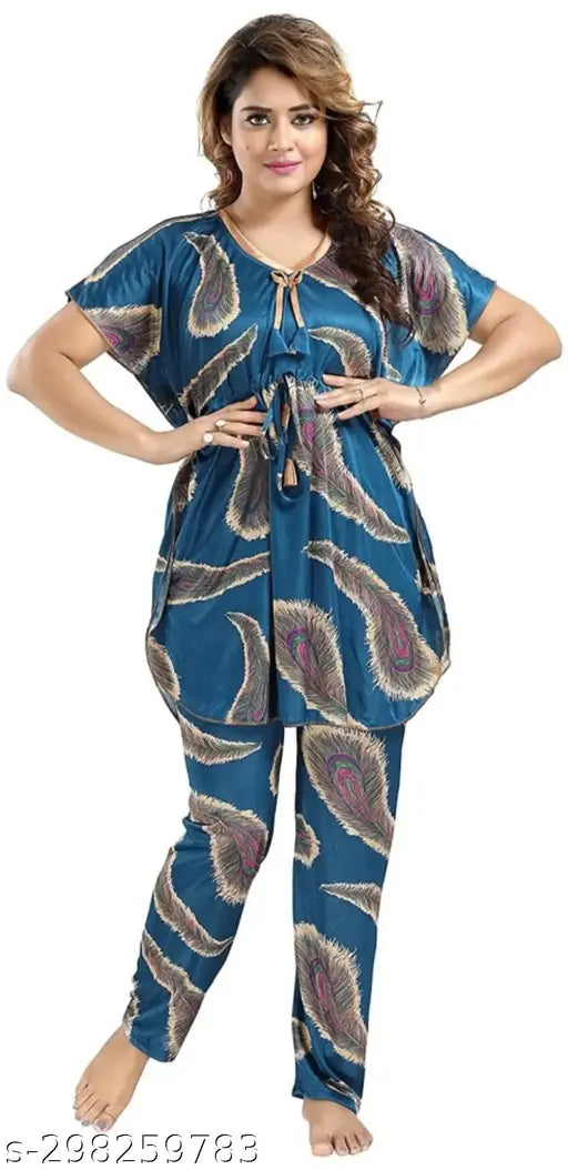 Satin kaftan nightsuit pyjama set, stylish printed design on Indian-made women's nightwear