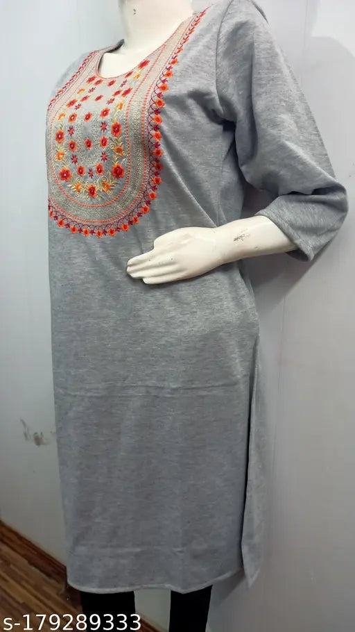 Grey embroidered wool kurti with camellia design, three-quarter sleeves - Indian women's fashion for day, wedding, casual, office wear