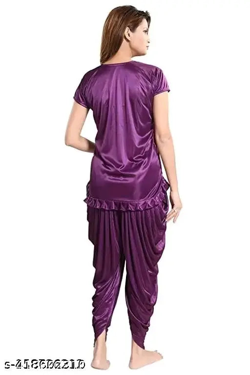 Purple printed satin Patiala night suit set with half sleeves top and pyjama, stylish sleepwear for women/girls