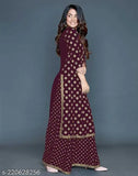 Maroon viscose rayon kurta and palazzos set, printed net design, premium quality Indian fashion