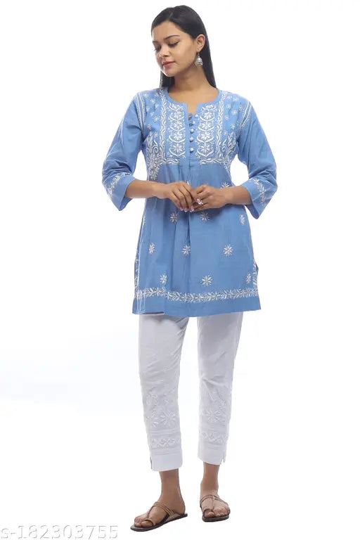 Denim cotton short top, hand-embroidered with chikan work, winter wear, fashionable and designer (XS-XXL)