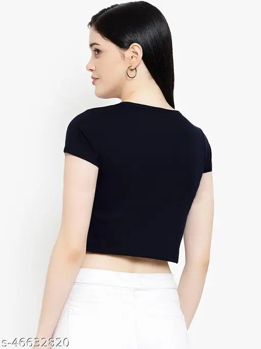 Trendy printed cotton women's crop top, short sleeve, solid colorblocked, round neck, size L (36in bust, 18in length), made in India