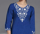 Warm Kashmiri woolen embroidery kurti for women, solid pattern with three-quarter sleeves. Combo includes sizes S, M, L, XL, XXL, XXXL (46in bust, 42in length). Handcrafted Indian winter wear on display