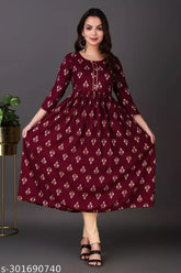 Women's printed rayon Anarkali kurta, three-quarter sleeves, colorful Indian traditional outfit on mannequin