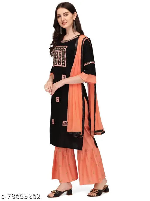Rayon Adrika Petite Women's Dupatta Set with Sharara bottom, embroidered net, three-quarter sleeves. India-made. Sizes: M, L, XL, XXL