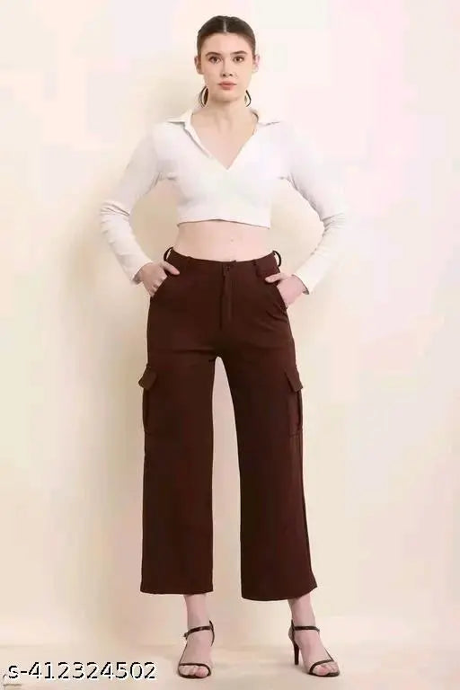 High-rise cream cargo pants for women, denim material, slanted inset pockets and flap design, four pocket style, available in sizes 26-34 (S-XL)