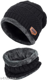 Wool balaclava beanie & scarf set - warm, thick knit for men & women. Provides winter cold & wind protection