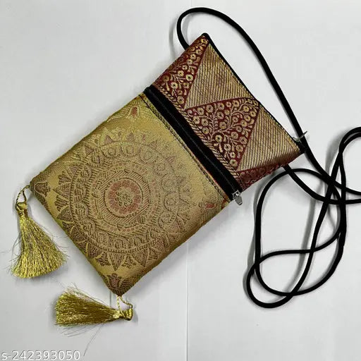 Handmade fabric coin bags, embellished net design for mobile storage. India-origin, perfect for accessory organization