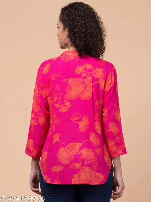 Fuchsia pink floral rayon slub sleeve top, three-quarter length, Hive91 brand