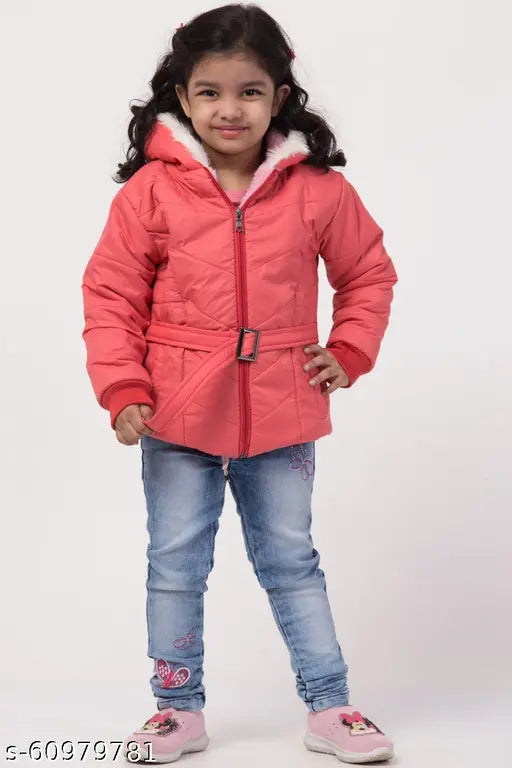 Peach wool quilted jacket for girls, comfortable regular fit from MEHAK FASHION