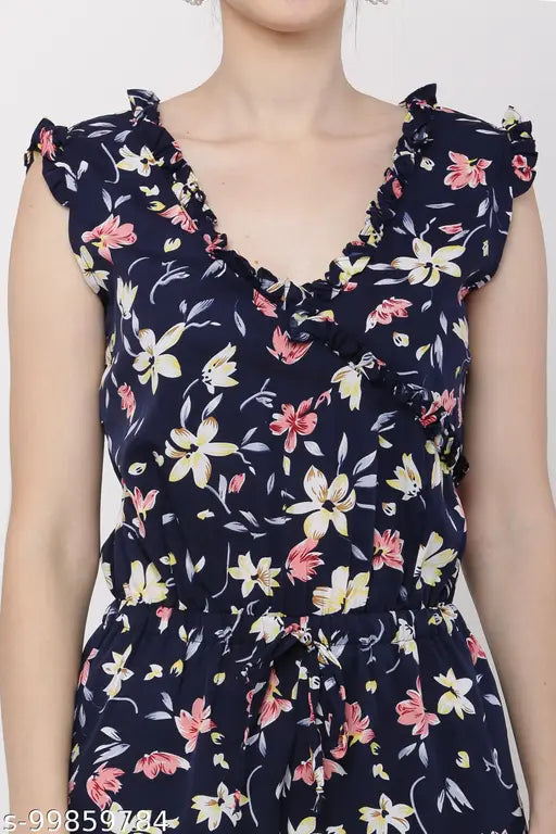 Printed women's floral blue casual back chain with front Dori v-neck jumpsuit, sleeveless crepe fabric, checked pattern, size L