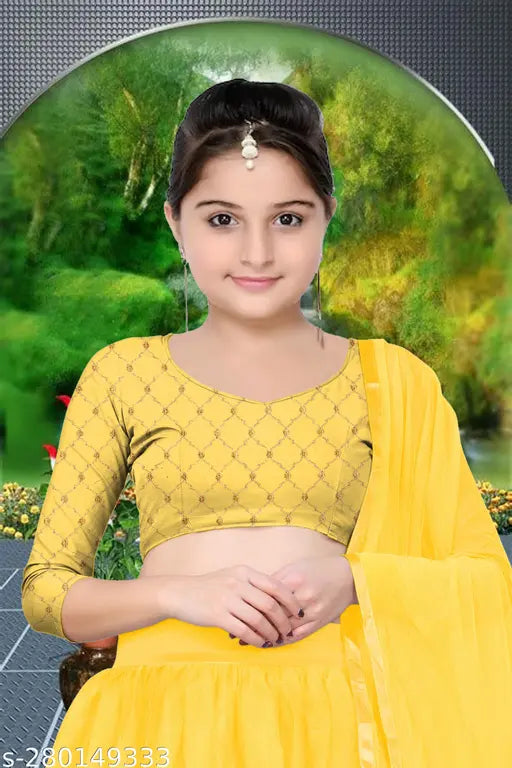 New Girls Lehenga Choli: Satin top, net lehenga & dupatta, embellished, long sleeves, ruffled pattern, India-made children's outfit