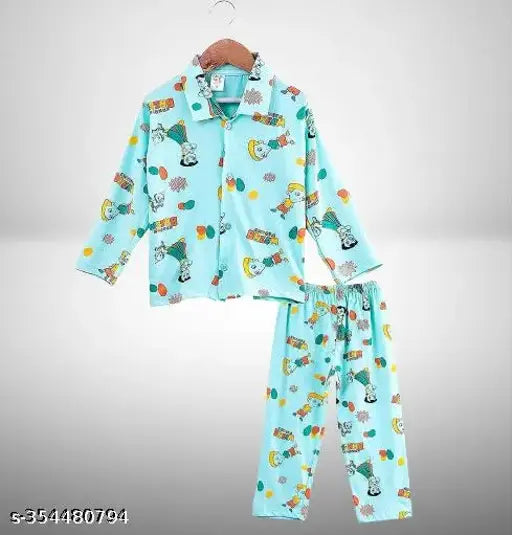 Blue polyester net nightsuit for babies, sizes range from 6-12 months to 8-9 years, made in India
