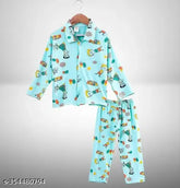 Blue polyester net nightsuit for babies, sizes range from 6-12 months to 8-9 years, made in India