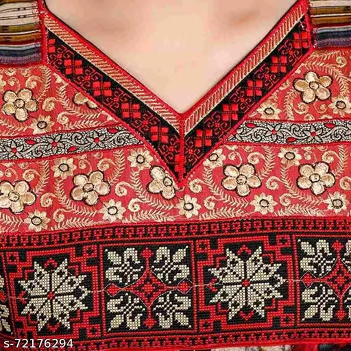 Plus size A-line rayon kurta, printed combo, long sleeves, high embroidery, India