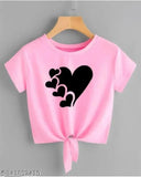 Pink Lycra crop top with 5 heart printed design, women's short-sleeved fashion apparel from India