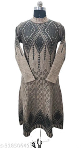 Woolen anarkali kurti, full sleeve, calf length, vibrant print, premium Vardhaman Rainbow yarn, free size (Bust: 20 in, Size Length: 43 in), directly from manufacturer Radhye Knit Fab