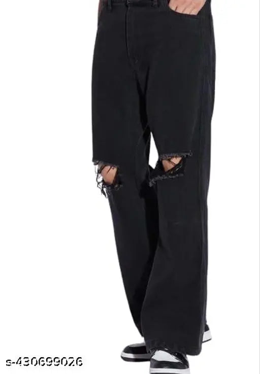 Mens solid denim knee-cut baggy for a straight fit, size 28 (waist 29in, length 40in, hip 35in), made in India