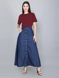 Blue denim Women's long casual Western-style jeans skirt, versatile for all seasons, flattering length 36-37 inches, high-quality denim fabric, ideal for plus sizes