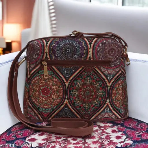 Light brown faux leather multicolor printed jute sling bag for women, durable crossbody style with 4 compartments, eco-friendly and handcrafted, perfect for casual or party occasions