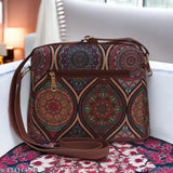 Light brown faux leather multicolor printed jute sling bag for women, durable crossbody style with 4 compartments, eco-friendly and handcrafted, perfect for casual or party occasions